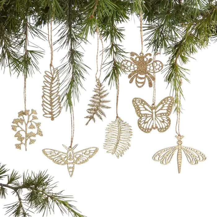 12 Pack Laser Cut Wood Fern and Bug Boxed Ornaments Set Of 2