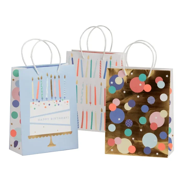 3 Pack Medium Birthday Cake and Candles Gift Bags Set of 2