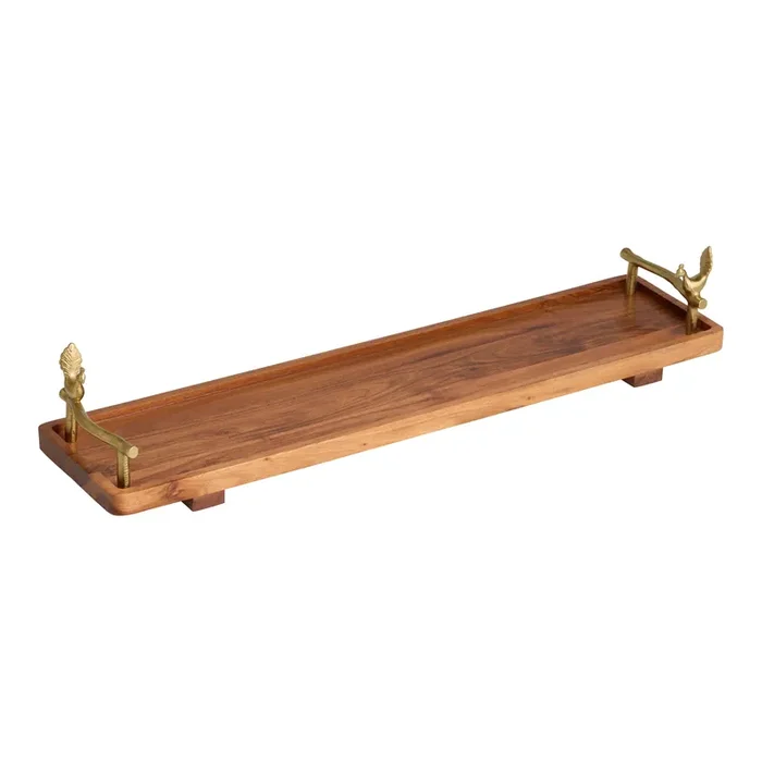 Acacia Wood and Antique Brass Peacock Bath Tray