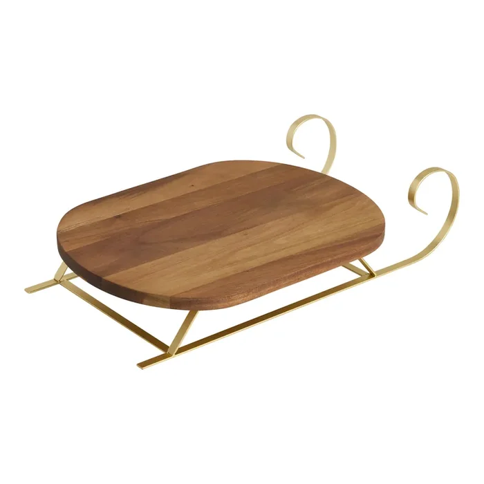 Acacia Wood and Champagne Gold Metal Sleigh Serving Board