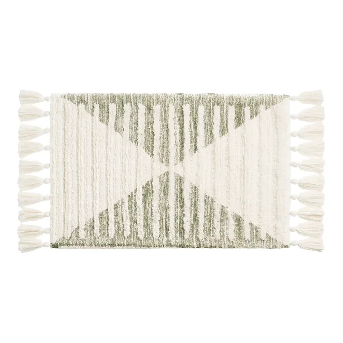 Ace White And Sage Diamond Tufted Tassel Bath Mat