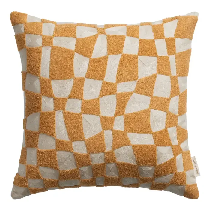 Amber and Ivory Wavy Checkered Throw Pillow