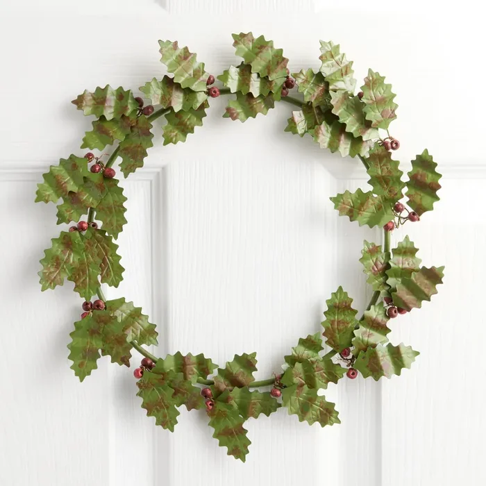Antique Green and Red Metal Holly Wreath