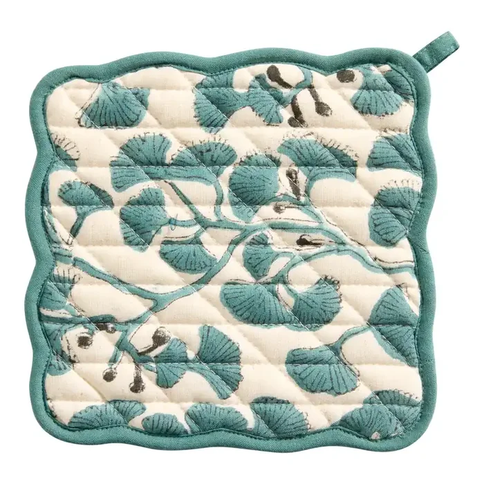 Aqua and Gray Ginkgo Leaf Quilted Block Print Potholder