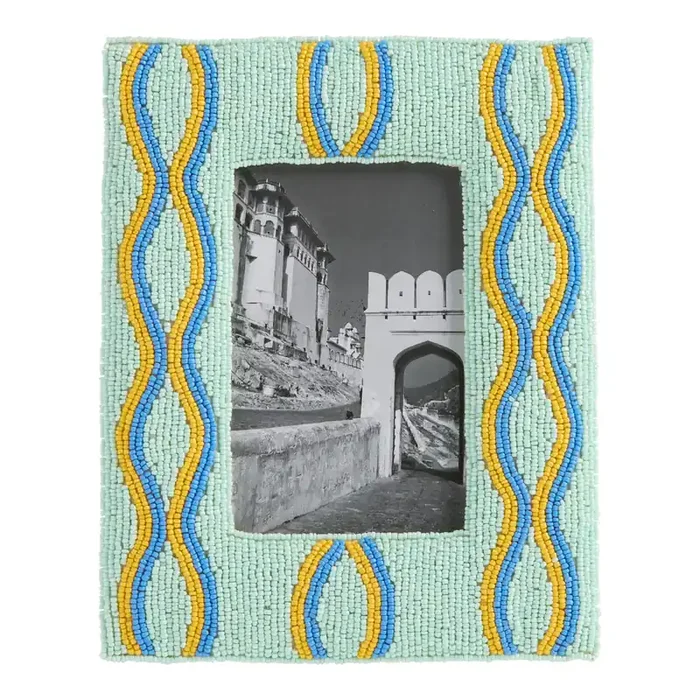 Aqua, Blue and Yellow Beaded Abstract Wave Picture Frame