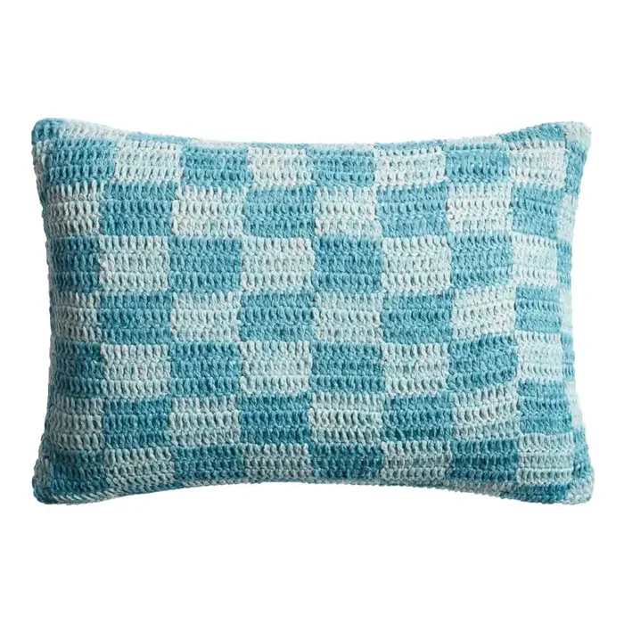 Aqua Crocheted Check Indoor Outdoor Lumbar Pillow