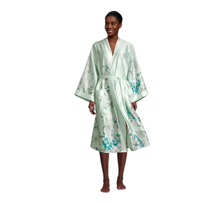 Aqua Satin Botanical And Butterfly Robe