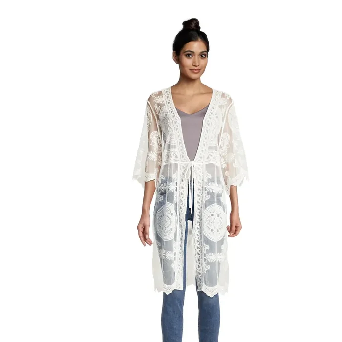Aurelia White Crocheted Lace Medallion Kimono