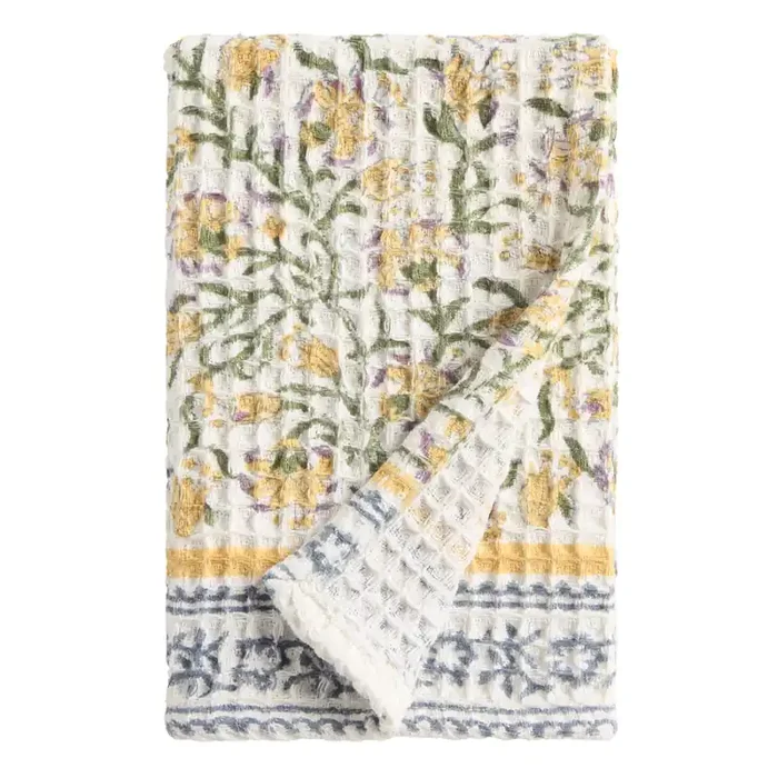Aurelia Yellow Floral Block Print Waffle Weave Hand Towel