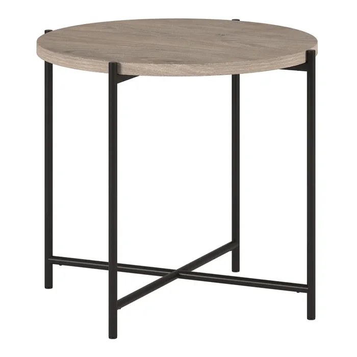 Avery Round Blackened Bronze And Faux Oak Wood Side Table