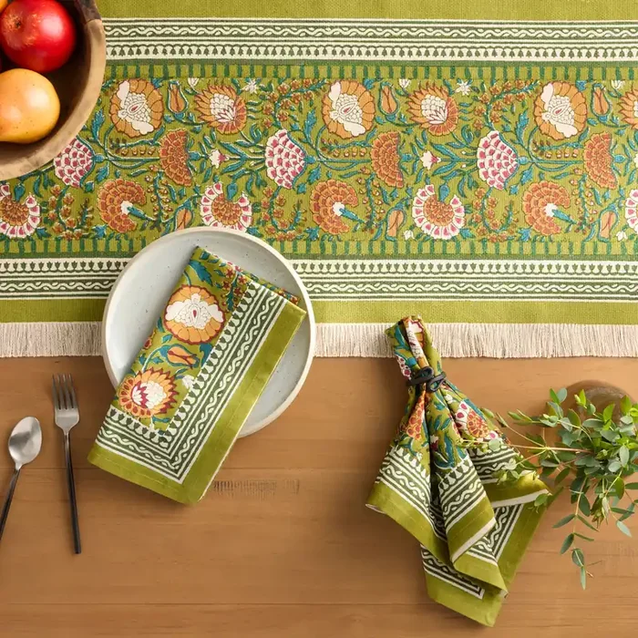 Avocado Green Floral Block Print Table Linen Collection