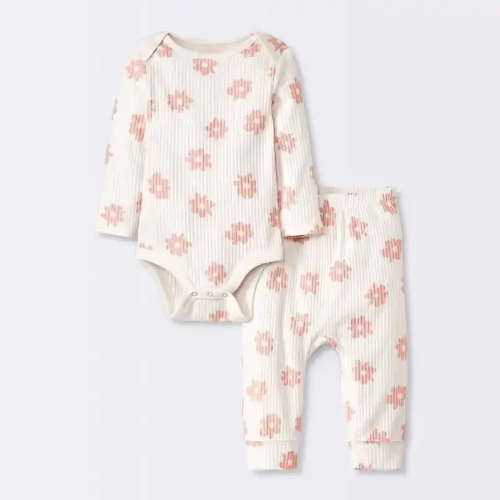 Baby 2pc Floral Wide Ribbed Top & Bottom Set – Cloud Island™ Cream 6-9M Cotton Bodysuit with Crotch Snap & Pull-On Pants