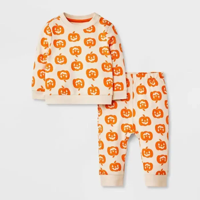 Baby 2pc Halloween Pumpkin French Terry Sweatshirt & Jogger Pants Set – Cat & Jack™ Cream Newborn