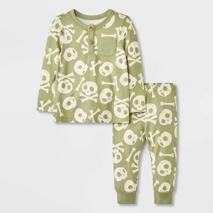 Baby 2pc Halloween Skull & Bones Long Sleeve T-Shirt & Jogger Set – Cat & Jack™ Green 6-9M