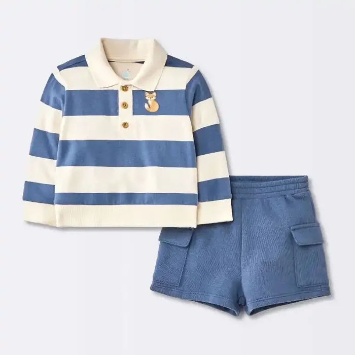 Baby Boys‘ 2pc Fox Striped Polo Shorts Set – Cloud Island™ Navy Blue 12M