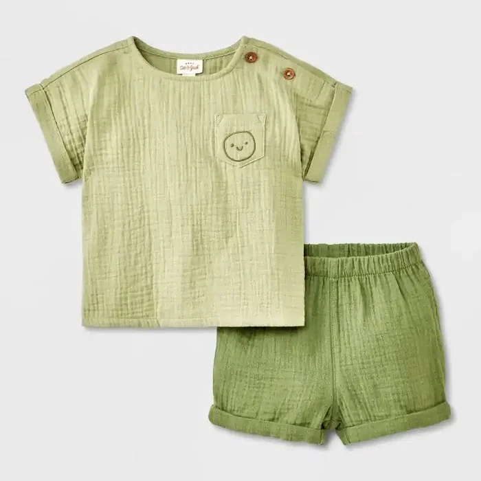 Baby Boys‘ 2pc Smiley Embroidered Pocket Gauze Shorts Set – Cat & Jack™ Green Newborn