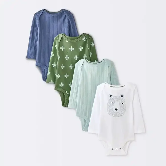 Baby Boys‘ 4pk Bear Long Sleeve Bodysuits – Cloud Island™ Ivory/Blue/Green 12M