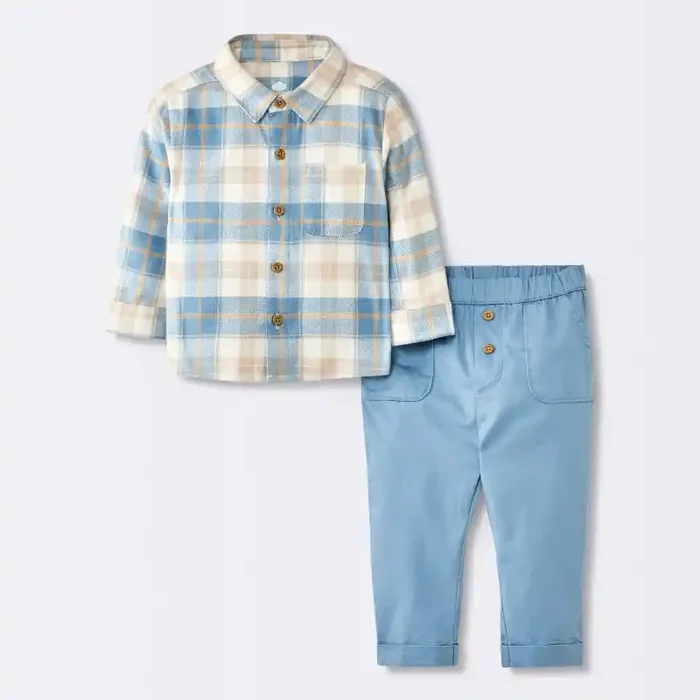 Baby Boys‘ Flannel Button-Down Top & Pants Set – Cloud Island™ Blue 6-9M
