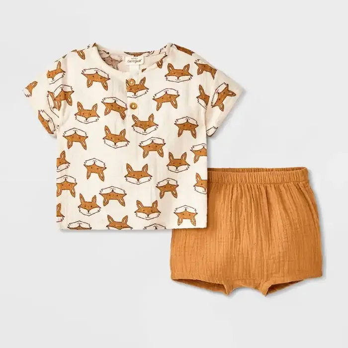 Baby Boys‘ Fox Printed Henley Gauze Shorts Set – Cat & Jack™ Cream 18M