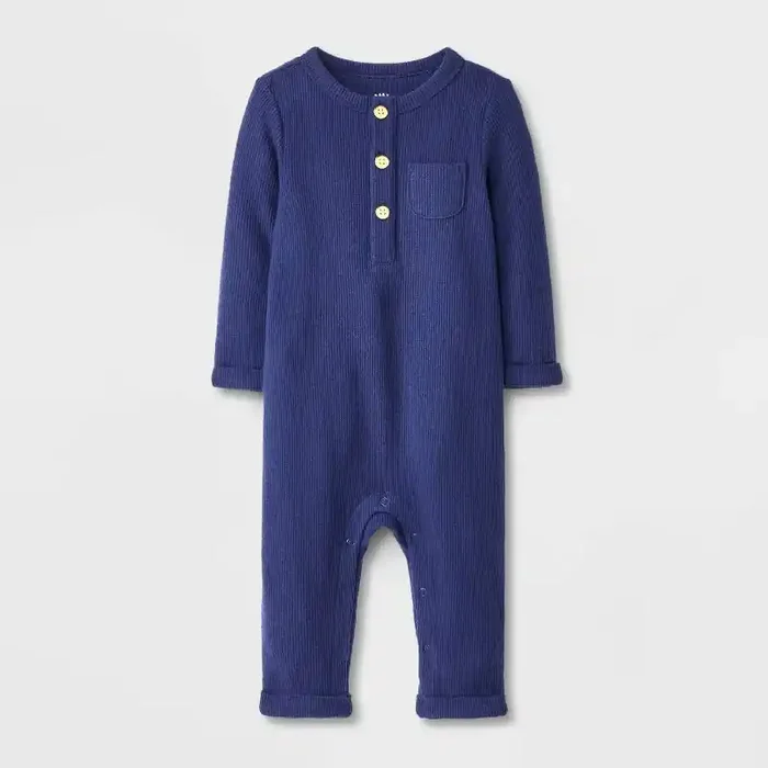 Baby Boys‘ Henley Cozy Long Sleeve Romper – Cat & Jack™ Navy Blue 0-3M