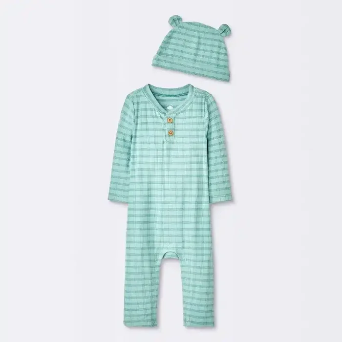 Baby Boys‘ Jacquard Checkered Romper & Hat – Cloud Island™ Blue 6-9M