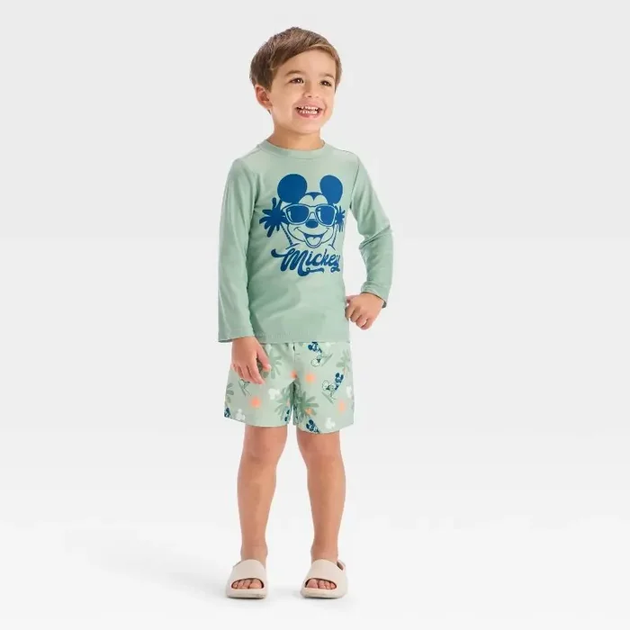 Baby Boys‘ Mickey Mouse Palm Tree Rashguard Swim Set – Green 18M
