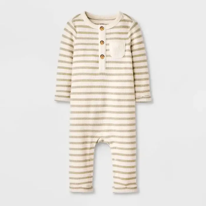 Baby Boys‘ Striped Henley Cozy Long Sleeve Romper – Cat & Jack™ Off-White Newborn