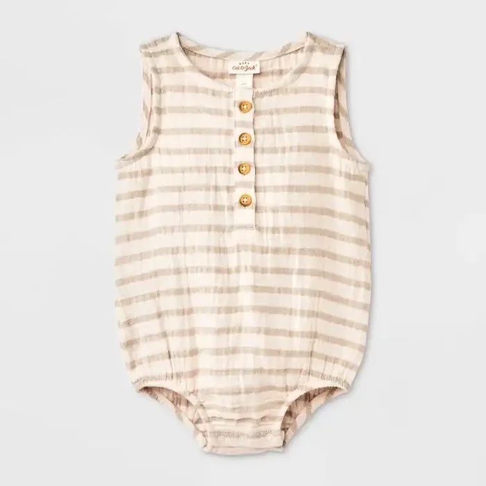 Baby Boys‘ Striped Shorts Sleeve Romper – Cat & Jack™ Tan 0-3M