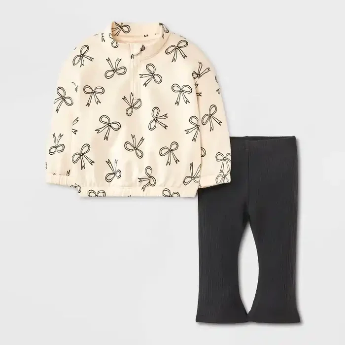 Baby Girls‘ 2pc Bow Fleece Sweatshirt & Pants Set – Cat & Jack™ Beige 0-3M