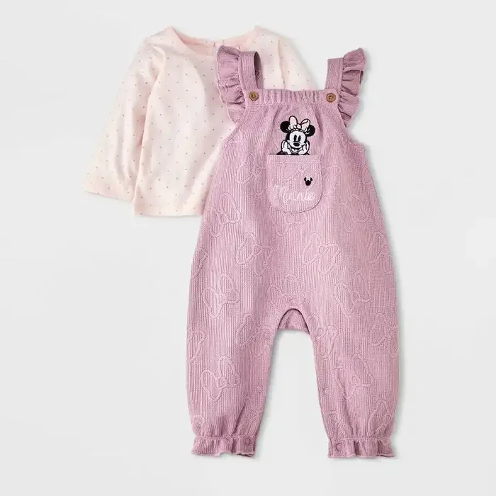 Baby Girls‘ 2pc Disney Minnie Mouse Long Sleeve T-Shirt & Embossed Overalls Set – Pink Newborn