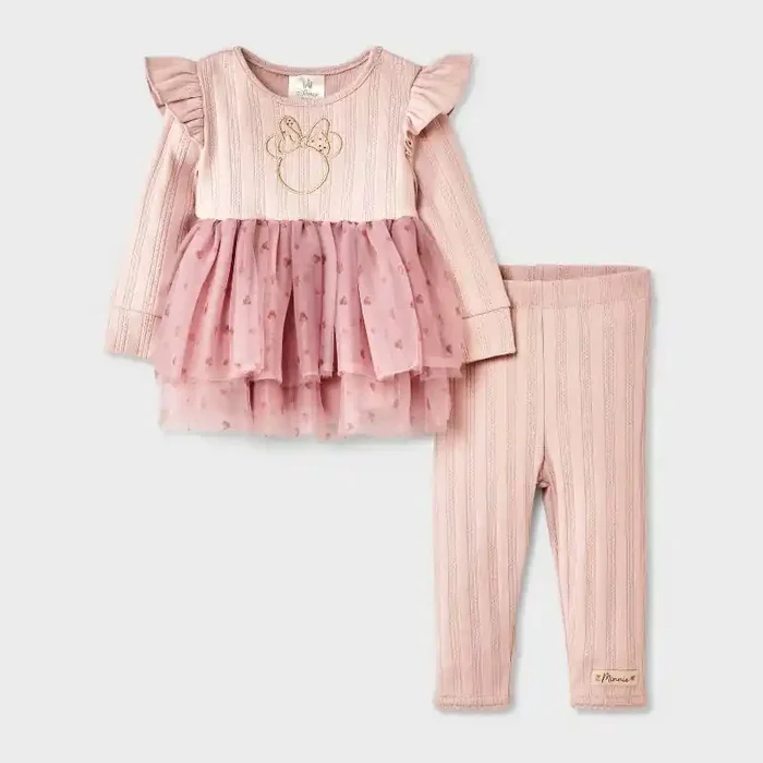 Baby Girls‘ 2pc Disney Minnie Mouse Long Sleeve Tulle Dress and Leggings Set – Pink 3-6M