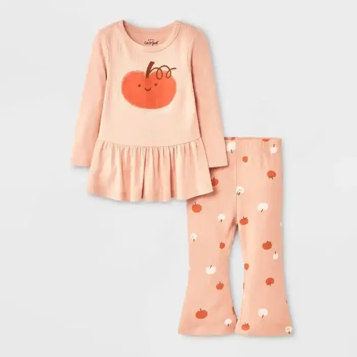 Baby Girls‘ 2pc Halloween Pumpkin Peplum Flared Leggings Set – Cat & Jack™ Peach Orange 12M