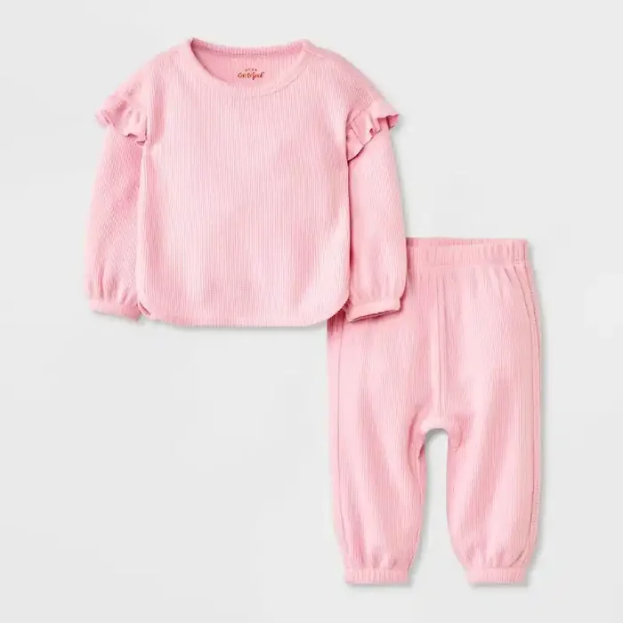 Baby Girls‘ 2pc Ruffle Cozy Thermal Sweatshirt & Jogger Pants Set – Cat & Jack™ Pink 18M