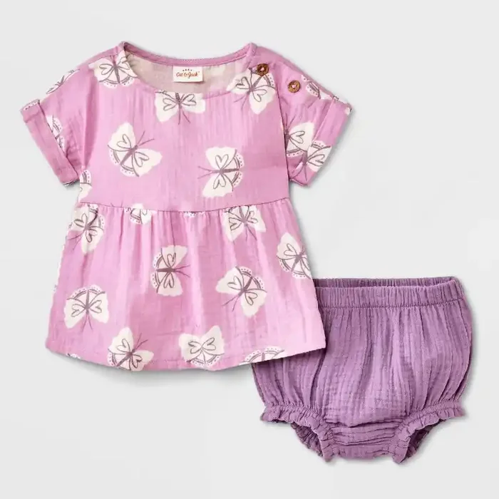 Baby Girls‘ 2pc Ruffle Sleeve Butterfly Gauze Shorts Set – Cat & Jack™ Purple 0-3M