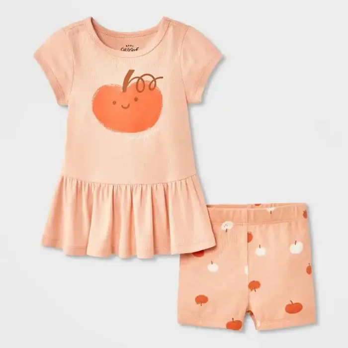 Baby Girls‘ 2pc Smiling Pumpkin Peplum T-Shirt and Bike Shorts Set – Cat & Jack™ Peach Orange 18M