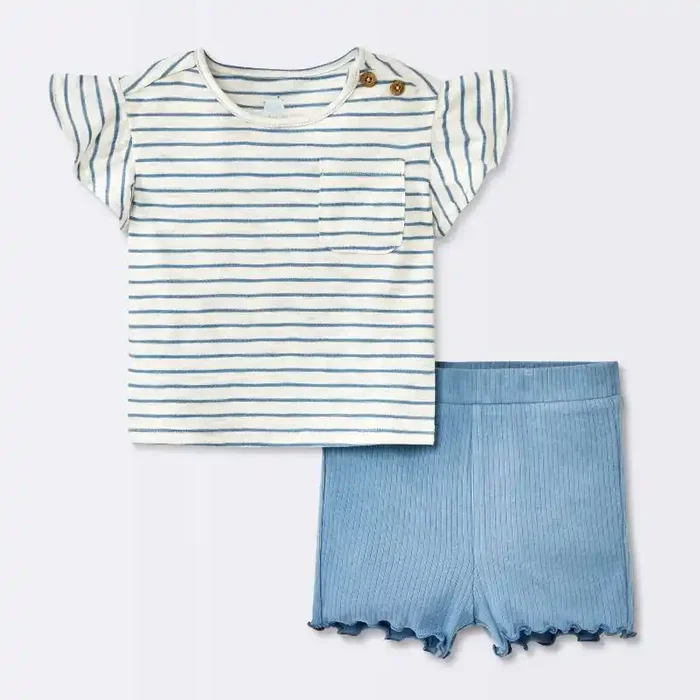 Baby Girls‘ 2pc Striped Pocket T-Shirt & Bike Shorts Set – Cloud Island™ Blue 3-6M