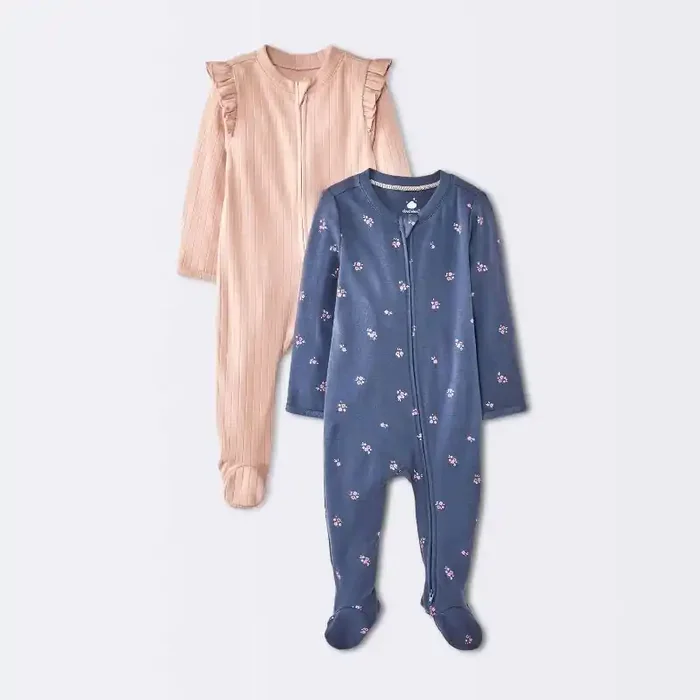 Baby Girls‘ 2pk Cozy Wide Ribbed Floral Sleep N‘ Play – Cloud Island™ Pink/Blue 3-6M