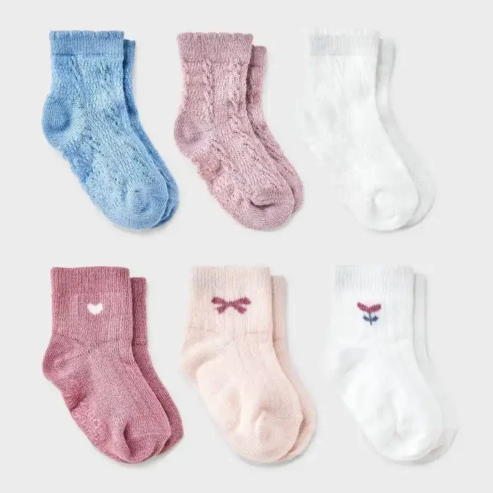 Baby Girls‘ 6pk ‘Tulip‘ Low-Cut Socks – Cat & Jack™ 12-24M Midweight Knit, Rib Cuffs, Classic Jacquard Pattern