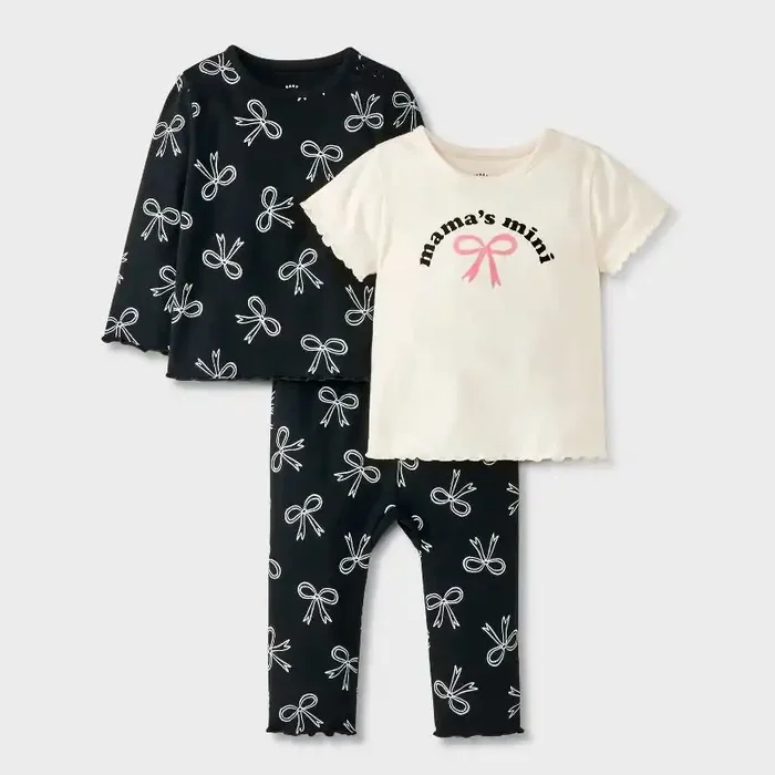 Baby Girls‘ Bow 3pc Top & Bottom Set – Cat & Jack™ Black/Cream 12M