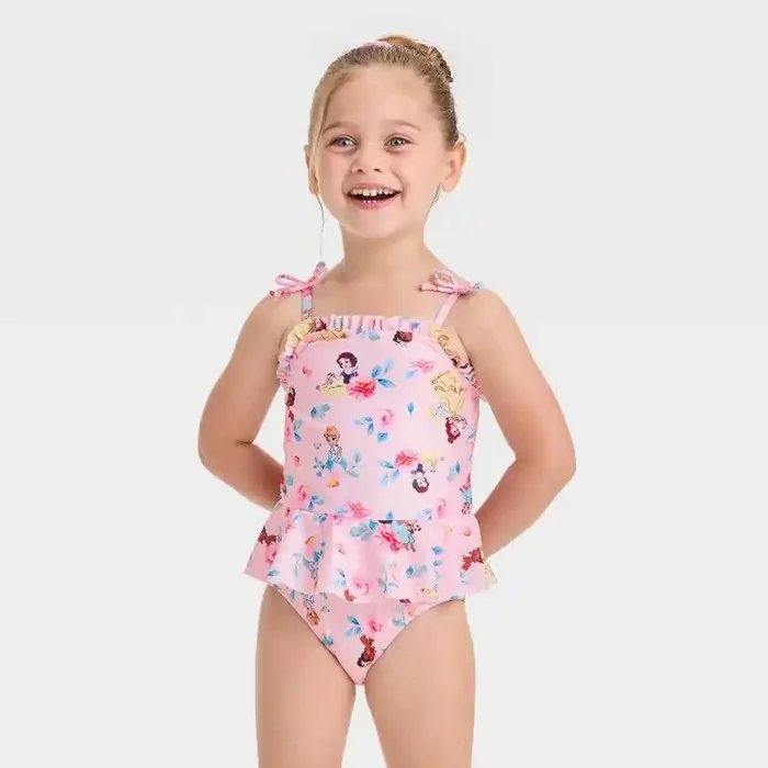 Baby Girls‘ Disney Princess Ruffle One Piece Swimsuit with Bows – Pink 12M