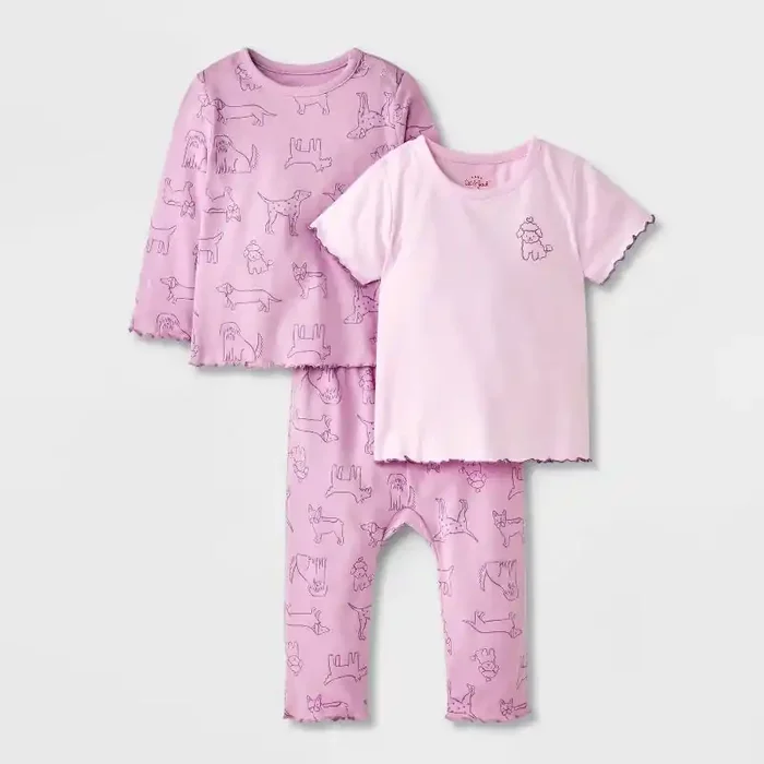 Baby Girls‘ Dog 3pc Top & Bottom Set – Cat & Jack™ Purple 0-3M