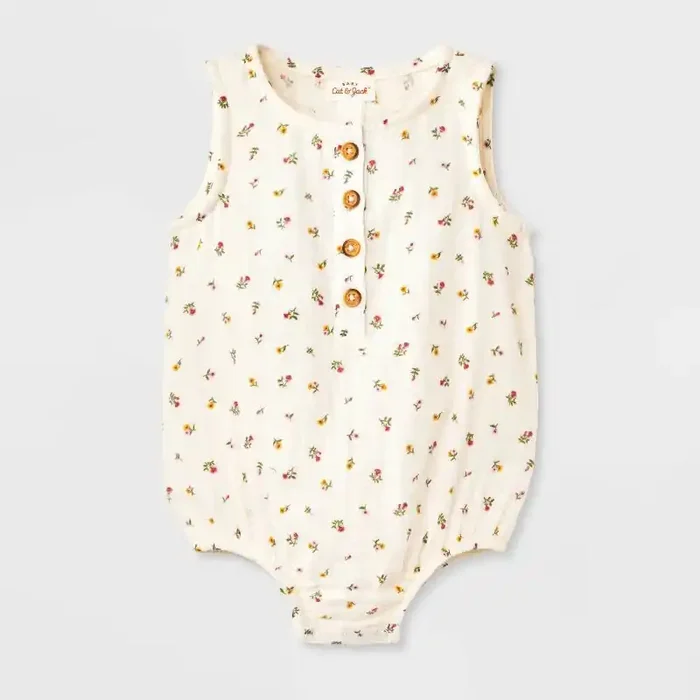 Baby Girls‘ Floral Gauze Romper – Cat & Jack™ Cream 3-6M
