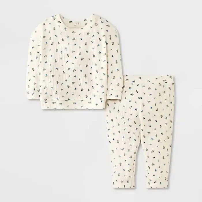 Baby Girls‘ Floral Waffle Sweatshirt & Jogger Pants Set – Cat & Jack™ Cream 3-6M