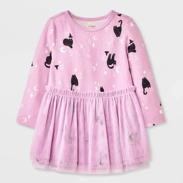 Baby Girls‘ Halloween Cat Witch Long Sleeve Tulle Dress – Cat & Jack™ Purple 6-9M