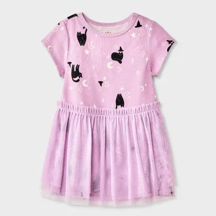 Baby Girls‘ Halloween Cat Witch Short Sleeve Tulle Dress – Cat & Jack™ Purple 12M