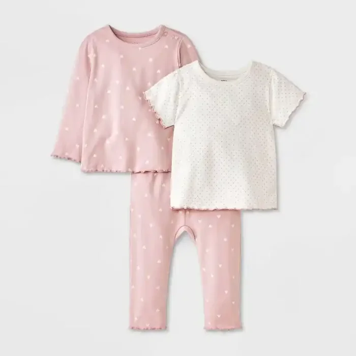 Baby Girls‘ Heart 3pc Top & Bottom Set – Cat & Jack™ Pink/Cream 0-3M
