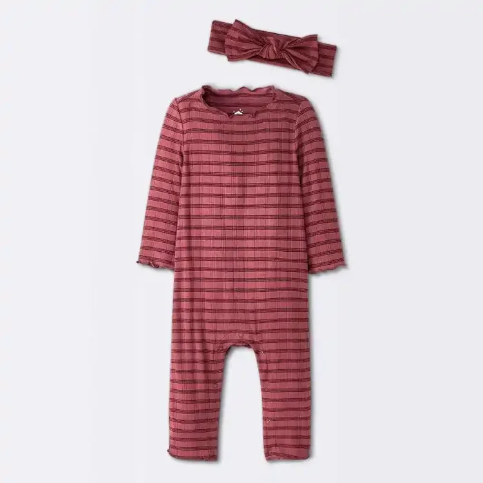 Baby Girls‘ Jacquard Checkered Romper & Headband – Cloud Island™ Burgundy 0-3M