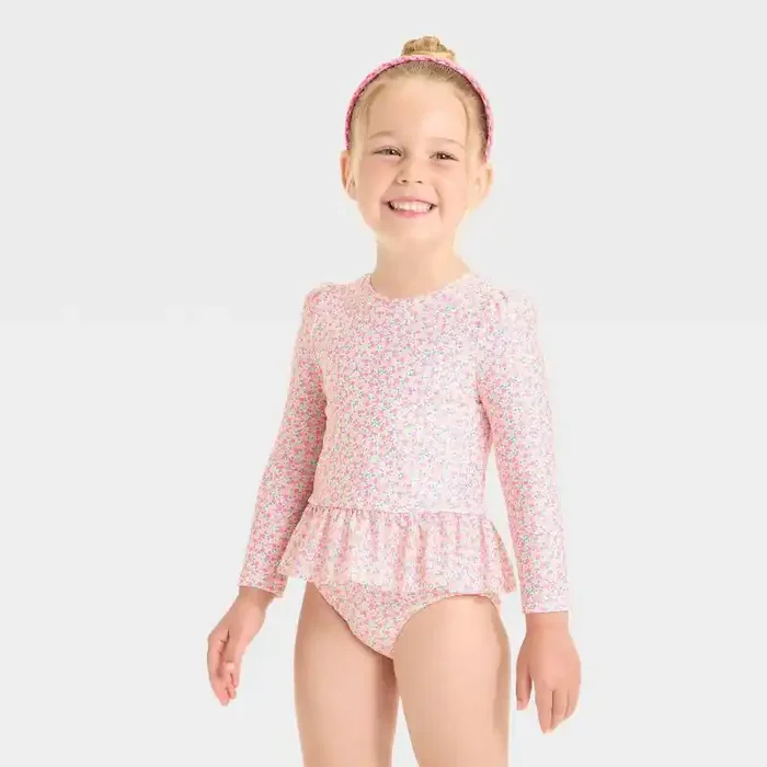 Baby Girls‘ Long Sleeve Ruffle Rashguard Tankini Swim Set – Cat & Jack™ Pink 18M