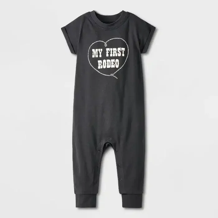 Baby Girls‘ My First Rodeo Romper – Cat & Jack™ Gray 0-3M Cotton Blend, Long Sleeve, Lap Shoulder, Crotch Snap Closure