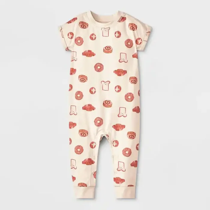 Baby Girls‘ Printed Pastry Romper – Cat & Jack™ Beige 3-6M Cotton Blend, Long Sleeve, Crotch Snap, Below Knee Length